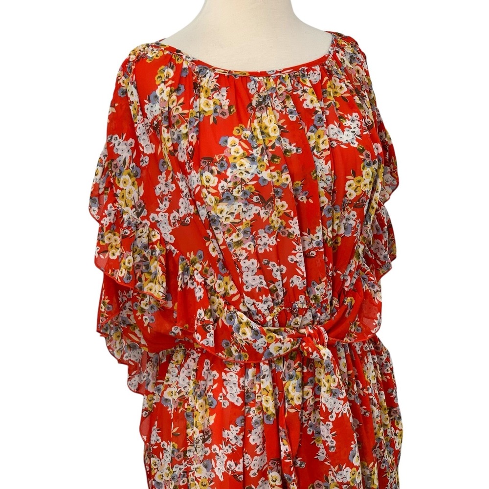 Suzanne Betro‎ Red Floral Tunic Top Boho Ruffle Flutter Sleeves Elastic Waist 1X - Picture 2 of 8